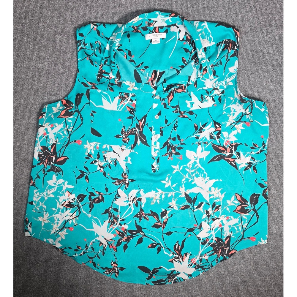 Liz Claiborne Woman Teal Floral Sleeveless Button Front Blouse Top 3X Y2K Style